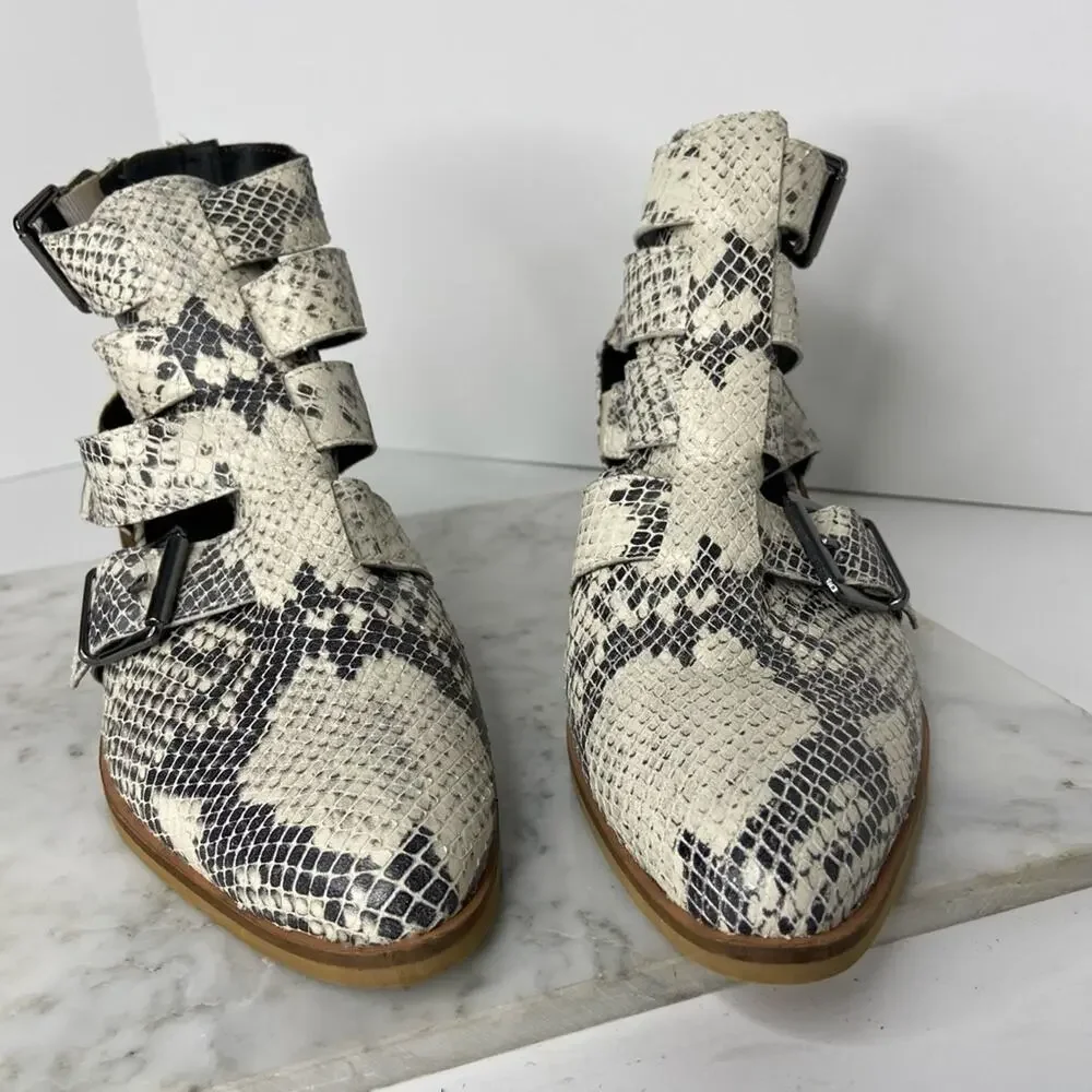 New Crevo Python Snakeskin Ankle Boots Cream Leather Cutout Heeled Bootie 7.5